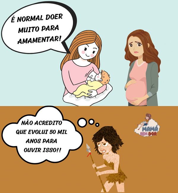 Desenho com uma mulher amamentando dizendo para uma grávida que é normal doer para amamentar. A grávida tem expressão de preocupação. Abaixo, uma mulher das cavernas pensando que não acredita que evoluiu milhares de anos para ouvir esse tipo de bobagem.