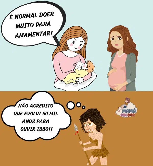 Desenho com uma mulher amamentando dizendo para uma grávida que é normal doer para amamentar. A grávida tem expressão de preocupação. Abaixo, uma mulher das cavernas pensando que não acredita que evoluiu milhares de anos para ouvir esse tipo de bobagem.